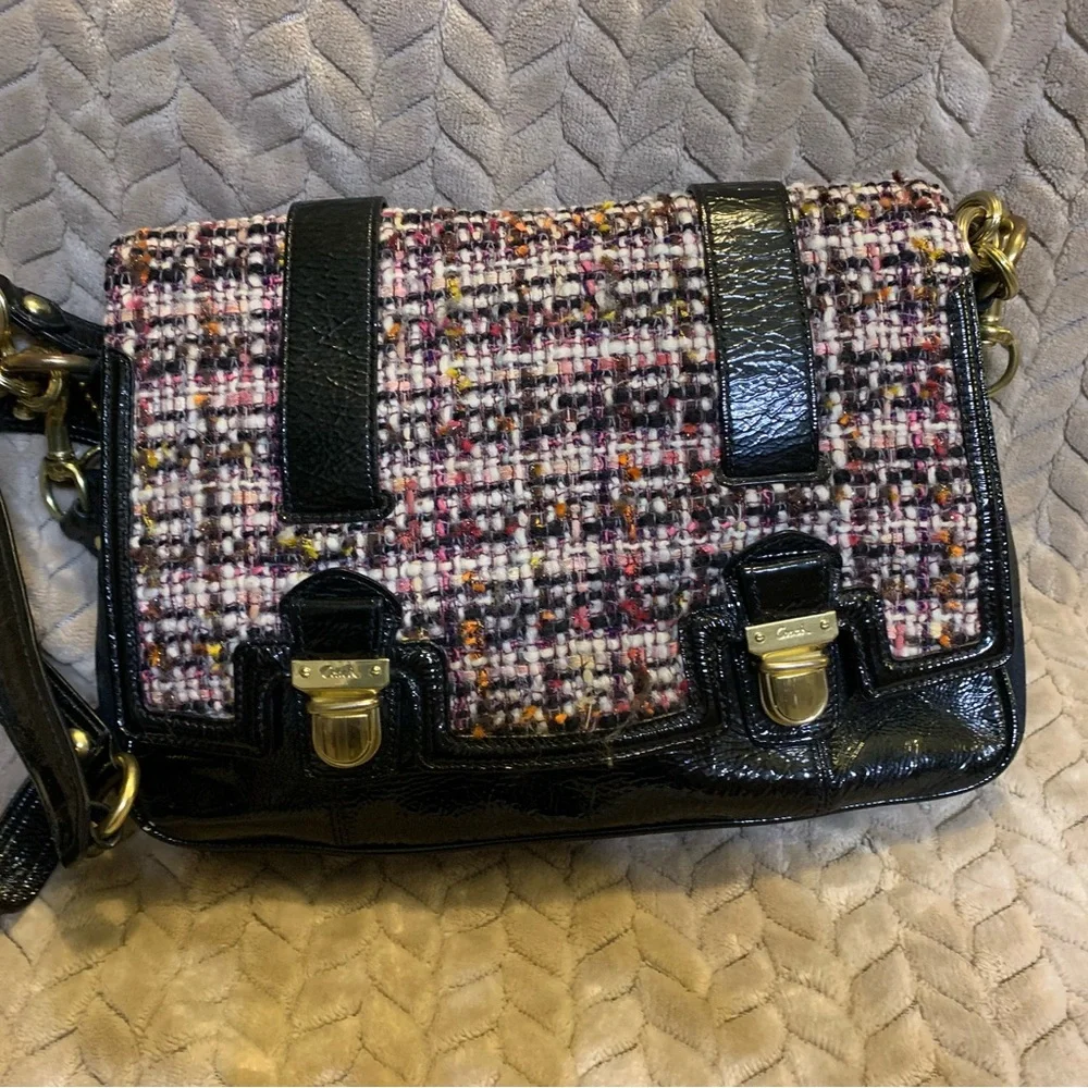 Coach Tweed Crossbody with Black Patent Trim